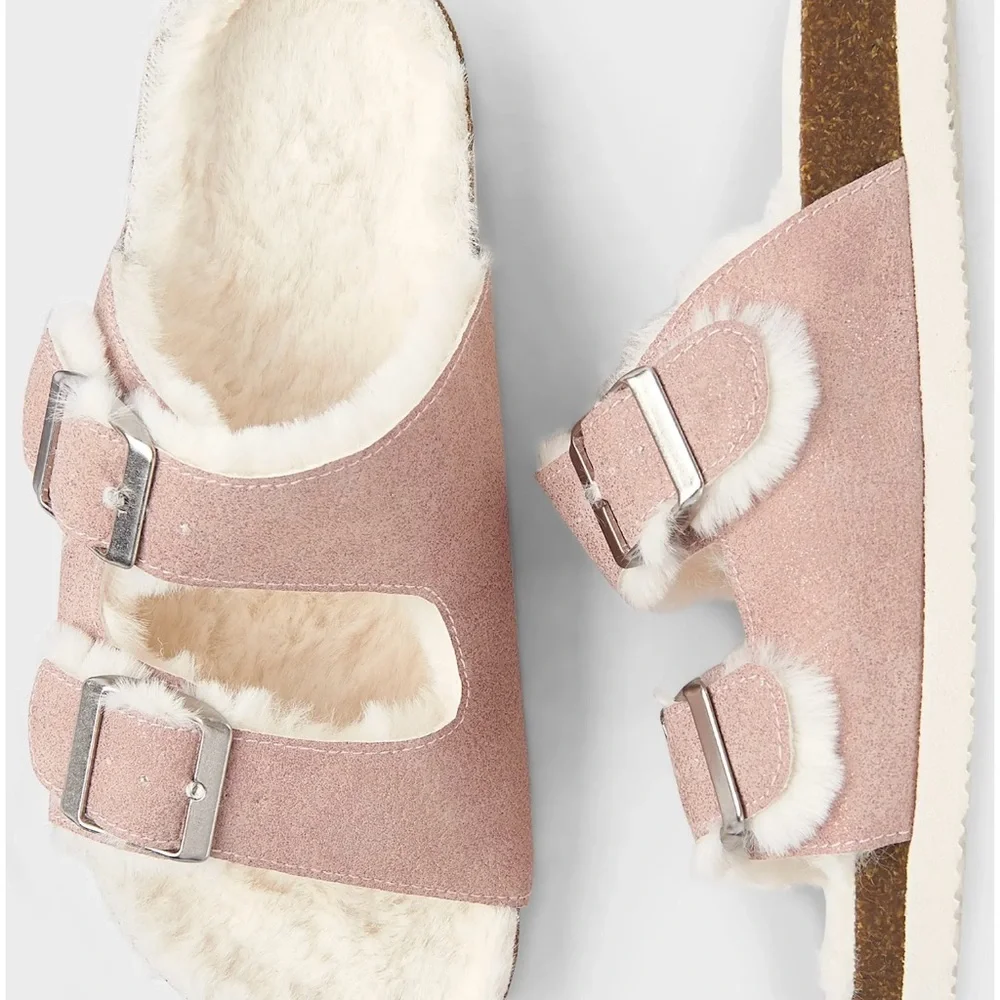 Tween Girls Faux Fur Double Buckle Slides - Pink